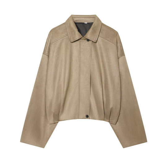 Damen Kurzgeschnittene Oversize Cape-Jacke mit Hemdkragen und verdeckter Knopfleiste Nord Taschen