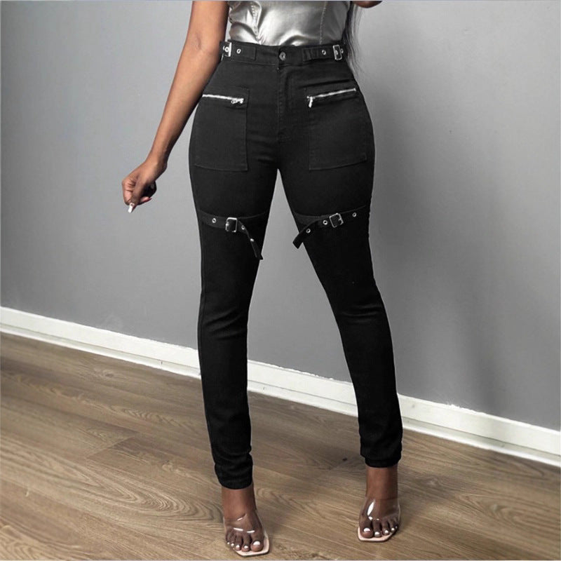 Damen High-Waist Skinny-Jeans mit Zier-Reißverschlüssen, aufgesetzten Taschen und Gurt-Dekor Nord Taschen