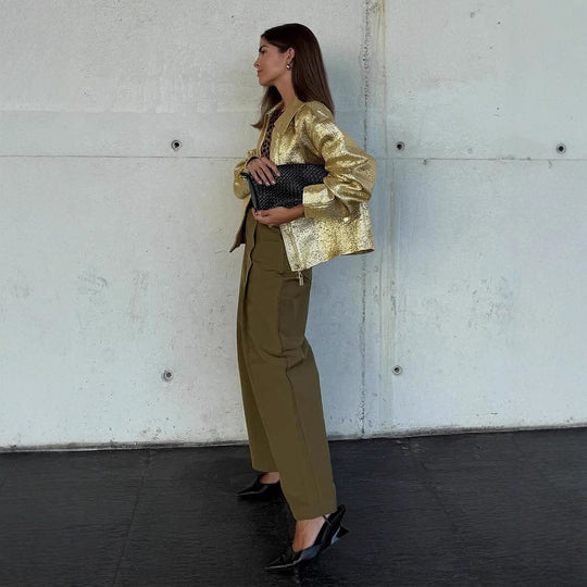 Damen Kurze strukturierte Metallic-Bomberjacke mit Boxy‑Silhouette Nord Taschen