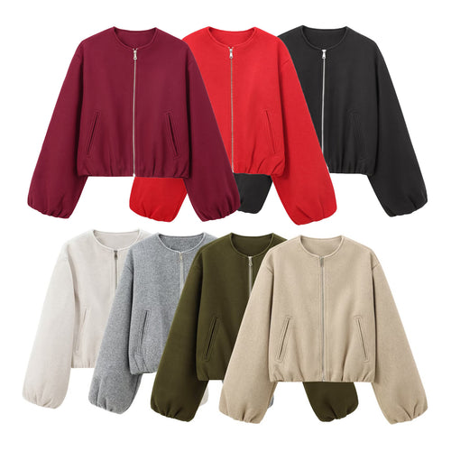 Damen Kurzer Wollmix-Bomber mit Rundhalsausschnitt, Reißverschluss und Ballonärmeln Nord Taschen