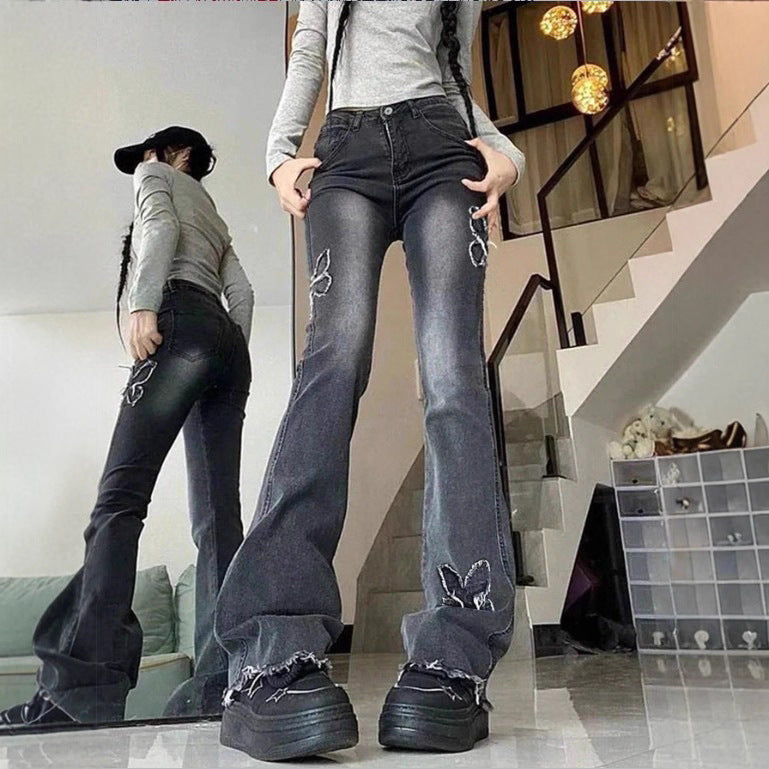 Damen Hochtaillierte Flared-Jeans mit Schmetterlingsstickerei, rohem Saum und sculptendem Stretchbund Nord Taschen