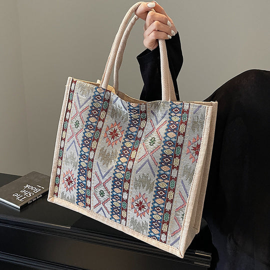 Damen Jute-Tragetasche mit kunstvollem Ethno-Muster Nord Taschen