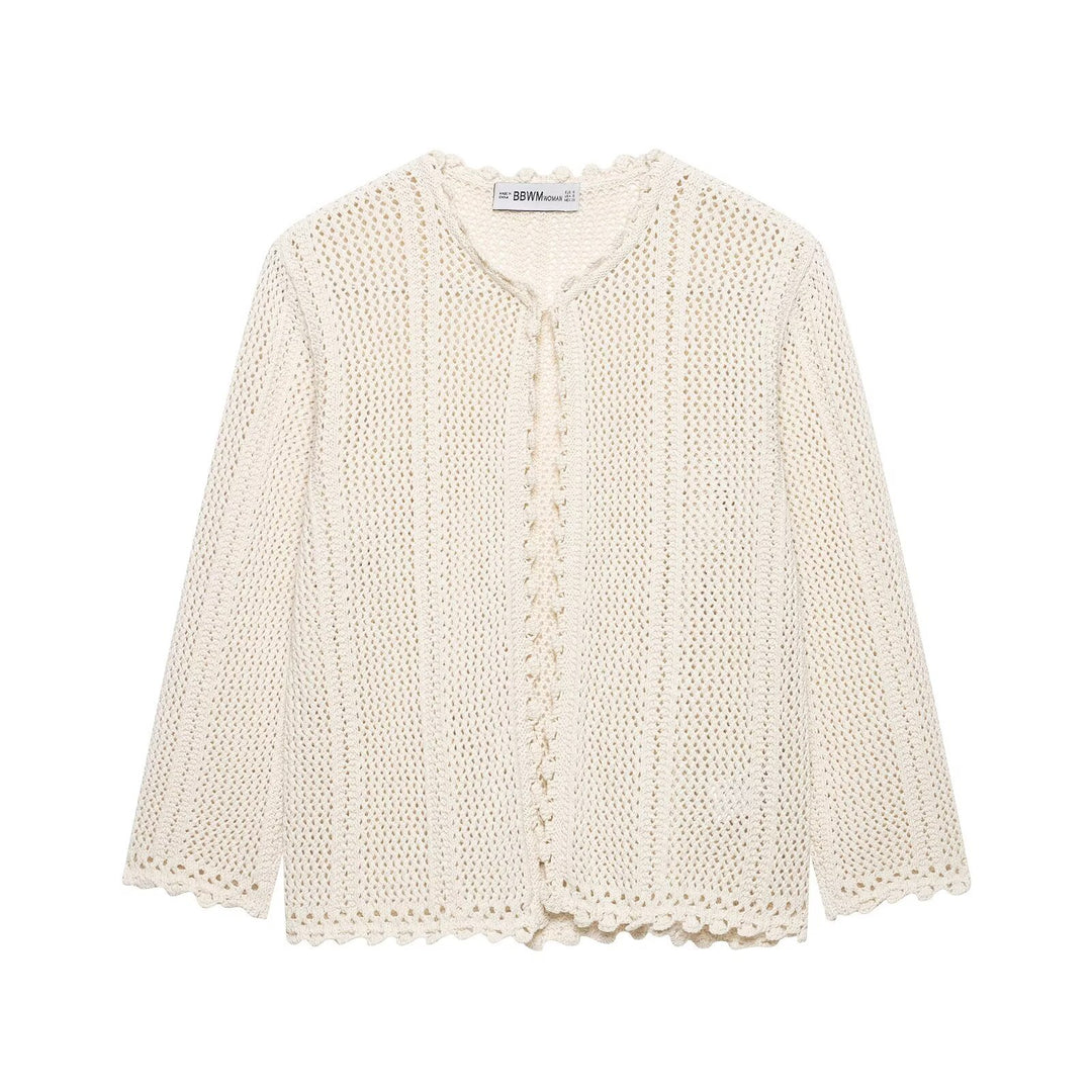 Damen Gehäkelte Kurzstrickjacke mit Scallop-Kante und Ajour‑Lochmuster Nord Taschen
