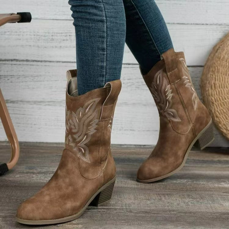 Damen Western-Boots im Vintage-Stil mit Stickerei, Schlupfprofil und leichtem Blockabsatz Nord Taschen