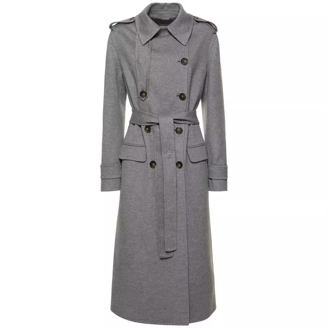 Damen Midilanger Taillierter Doppelreiher‑Trenchcoat aus Wollmix mit ausgestelltem Saum Nord Taschen