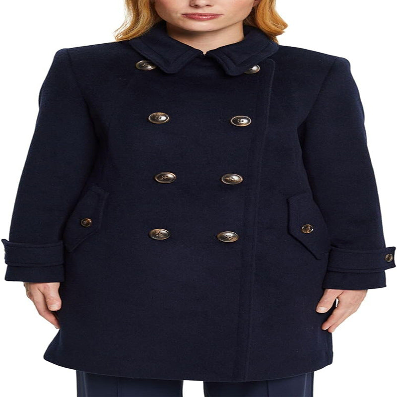 Damen Midilanger Doppelreihiger Marineinspirierter Wollmix-Peacoat mit Pattentaschen Nord Taschen