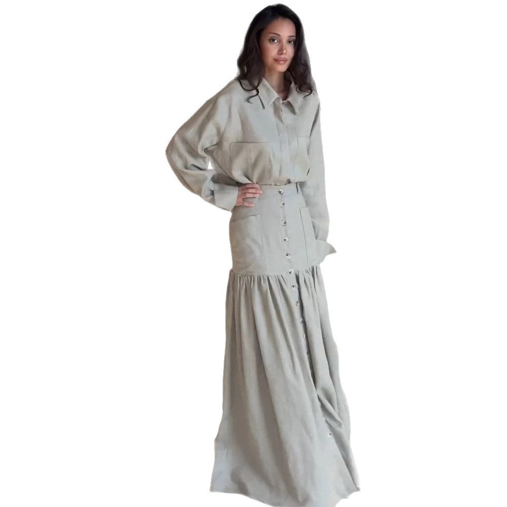 Damen Zweiteiliges Oversize-Hemd und Maxirock-Set mit hoher Taille & durchgehender Knopfleiste Nord Taschen