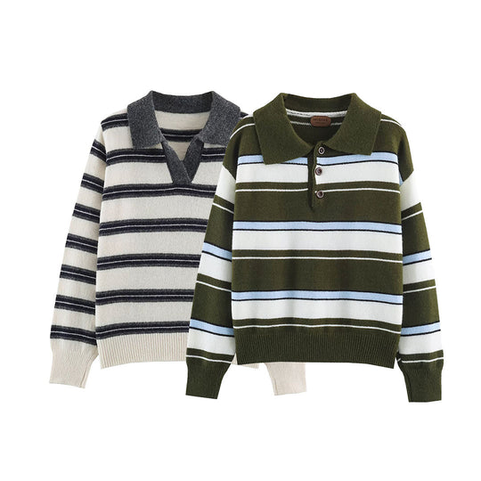 Damen Gestreifter Polokragen-Pullover mit Knopfleiste und Rippbündchen Nord Taschen