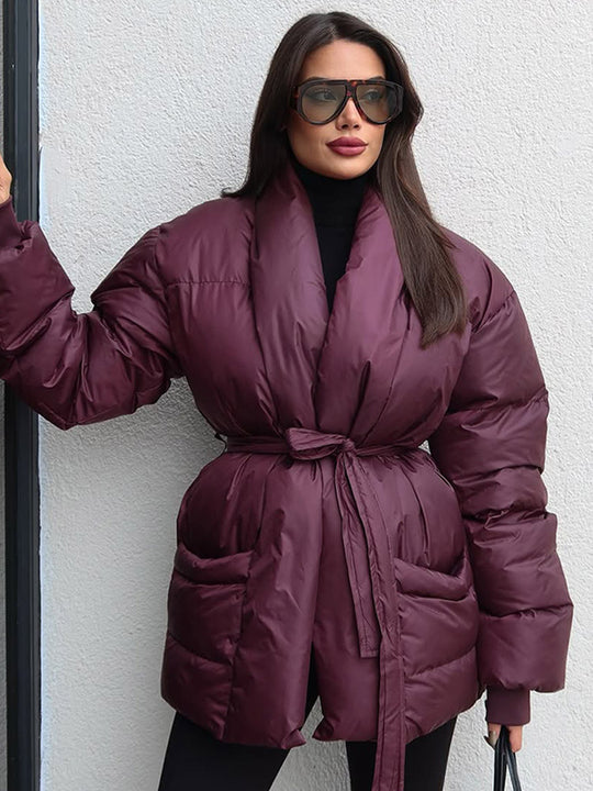 Damen Gesteppte Taillierte Steppjacke mit Schalkragen und Bindegürtel Nord Taschen