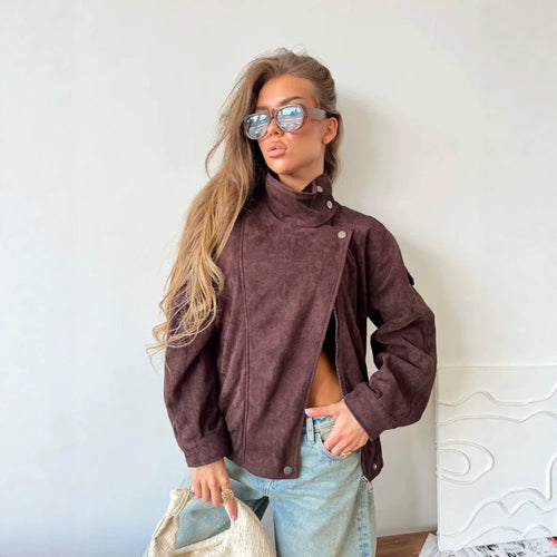 Damen Oversize Wildleder‑Optik Bikerjacke mit hohem Stehkragen Nord Taschen