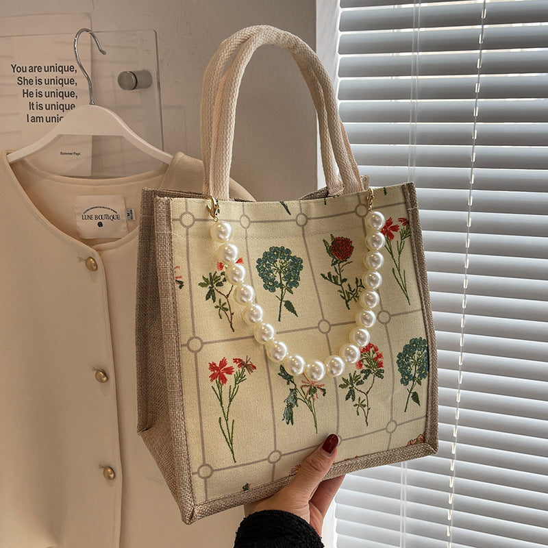 Damen Jute-Shopper Tasche mit floralem Stickmuster und stabilen Griffen Nord Taschen