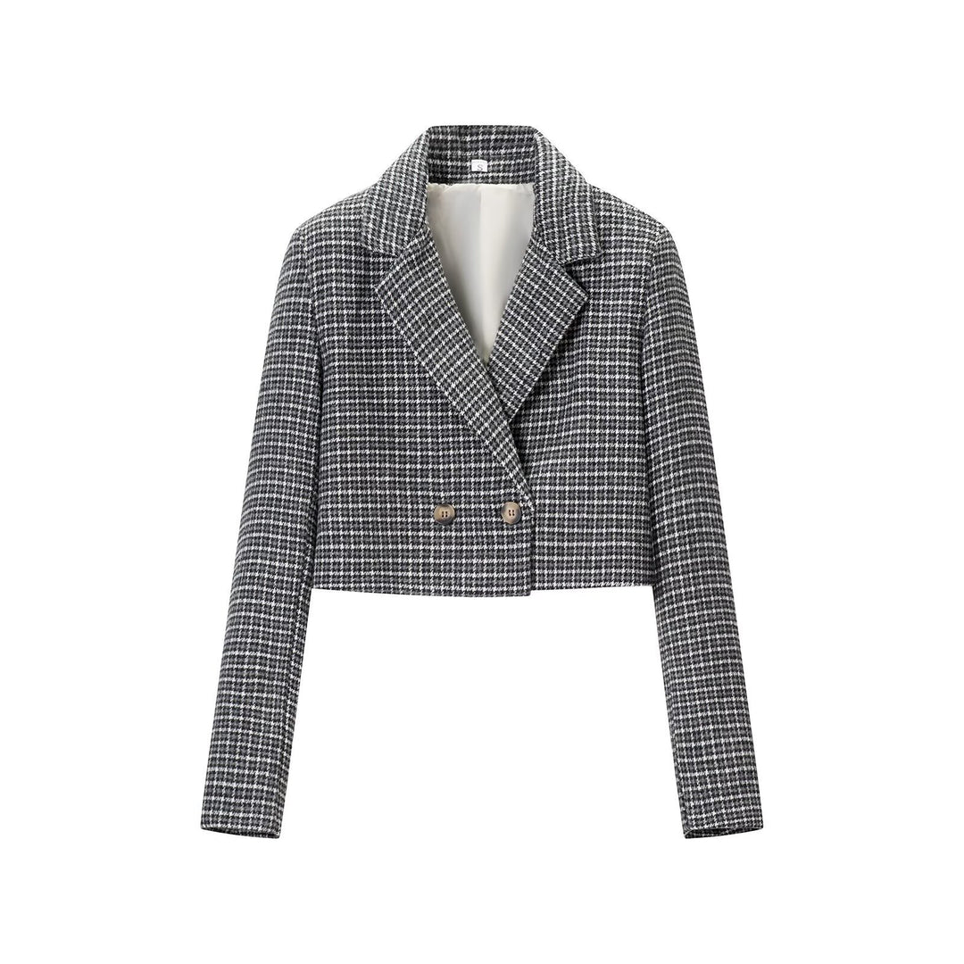 Damen Cropped Wollmischblazer mit Hahnentritt‑Muster und doppelreihiger Knopfleiste Nord Taschen