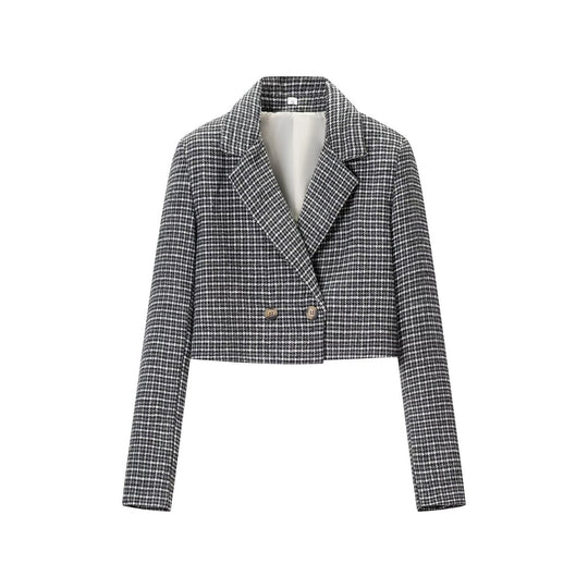 Damen Cropped Wollmischblazer mit Hahnentritt‑Muster und doppelreihiger Knopfleiste Nord Taschen