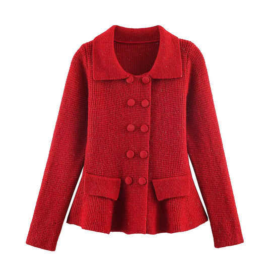 Damen Doppelreihige Bouclé-Jacke mit Schößchen, aufgesetzten Taschen und Hemdkragen Nord Taschen