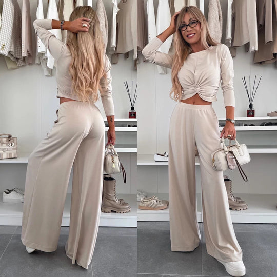 Damen figurnahes Twist-Cropped-Shirt mit weitem High-Waist Palazzo-Hose aus fließendem Jersey Nord Taschen