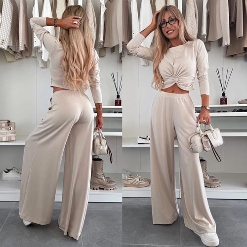 Damen figurnahes Twist-Cropped-Shirt mit weitem High-Waist Palazzo-Hose aus fließendem Jersey Nord Taschen