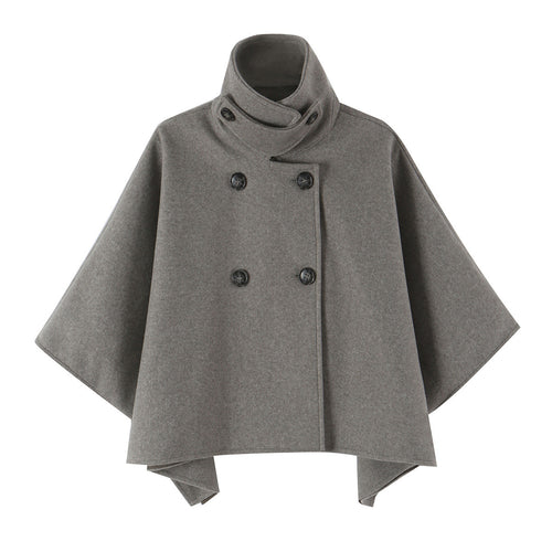 Damen Wolloptik-Cape mit doppelreihiger Knopfleiste, hohem Stehkragen und kastiger Silhouette Nord Taschen