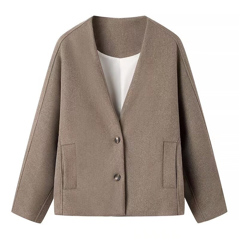 Damen Boxy Kurzjacke aus Wollmix mit V‑Ausschnitt und Zwei‑Knopf‑Verschluss Nord Taschen