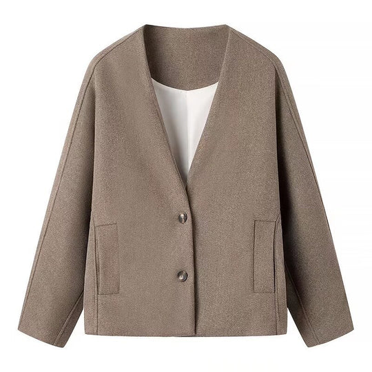 Damen Boxy Kurzjacke aus Wollmix mit V‑Ausschnitt und Zwei‑Knopf‑Verschluss Nord Taschen