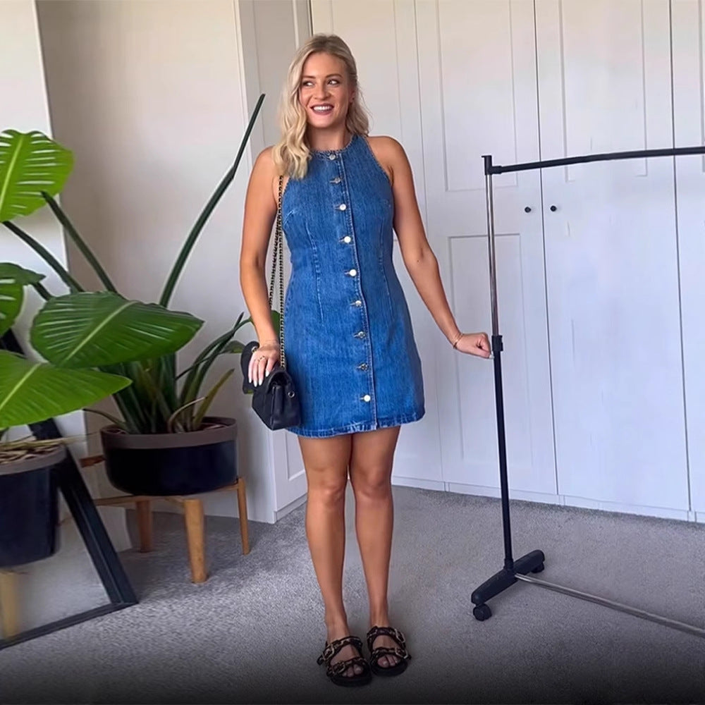 Damen Figurbetontes Ärmelloses Denim-Minikleid mit Mittelknopfleiste Nord Taschen