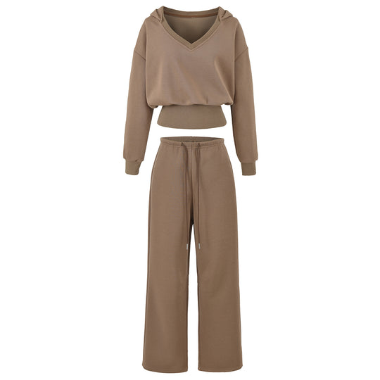 Damen Komfort-Lounge-Set mit kurzem V-Kapuzenpullover und hochgeschnittenen Weitbein-Joggern Nord Taschen