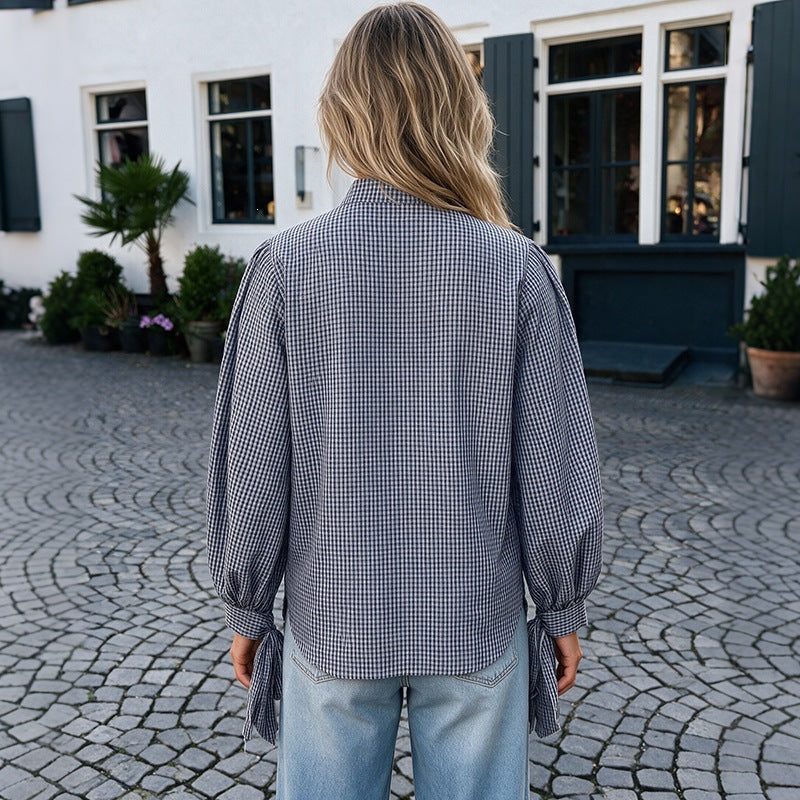 Damen Locker geschnittene Vichy-Karo-Bluse mit Stehkragen, Knopfleiste und Bindemanschetten Nord Taschen