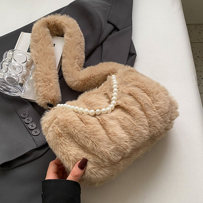 Damen Plüsch-Handtasche mit dekorativen Perlenakzenten Nord Taschen