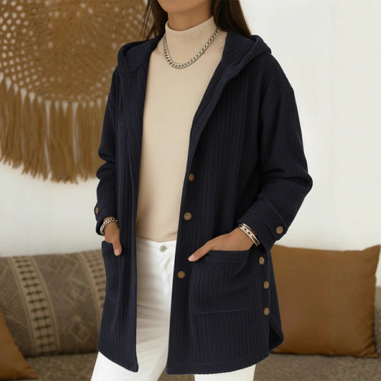Damen Langer Kapuzen-Strickcardigan mit Rippenstruktur, Knopfleiste und Seitentaschen Nord Taschen