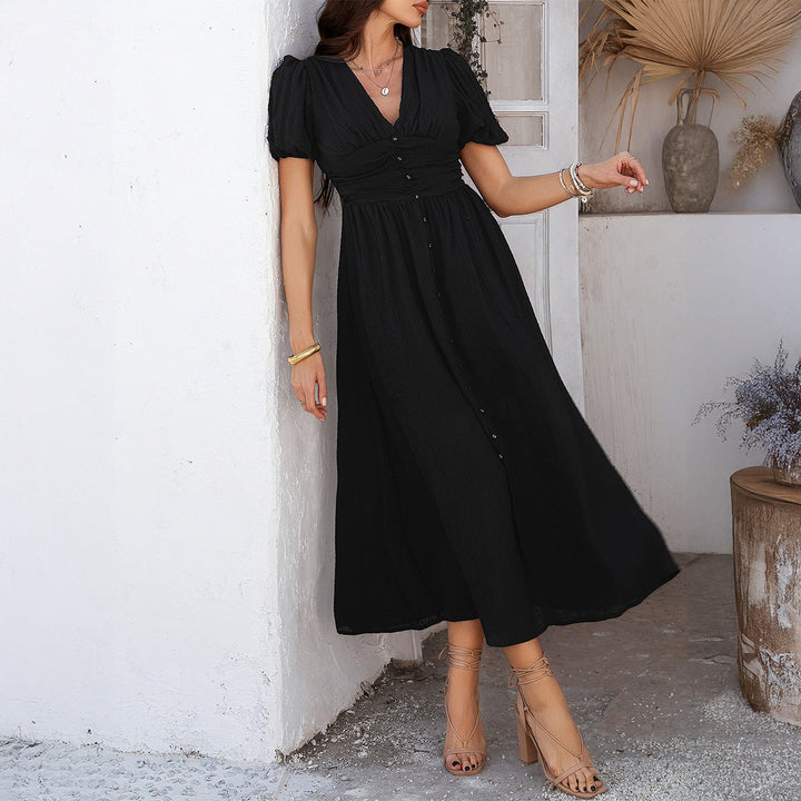 Damen Maxikleid mit V-Ausschnitt und luftigen Puffärmeln