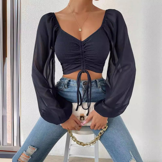 Damen Crop-Top mit strukturiertem Körper und eleganten Puffärmeln