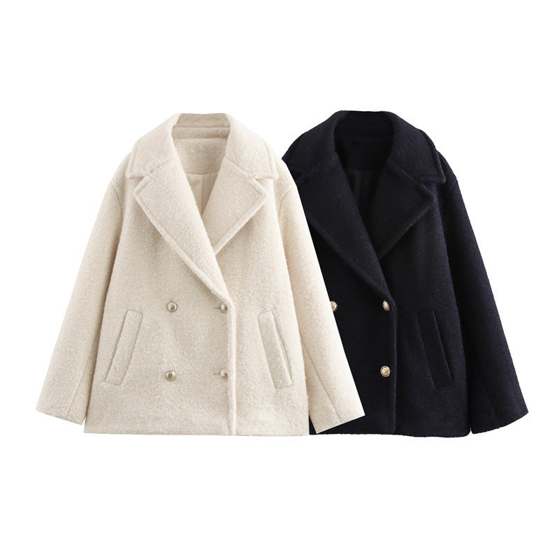 Damen Kurzer doppeltreihiger Wollmix-Peacoat mit weitem Revers Nord Taschen