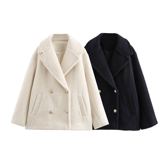 Damen Kurzer doppeltreihiger Wollmix-Peacoat mit weitem Revers Nord Taschen