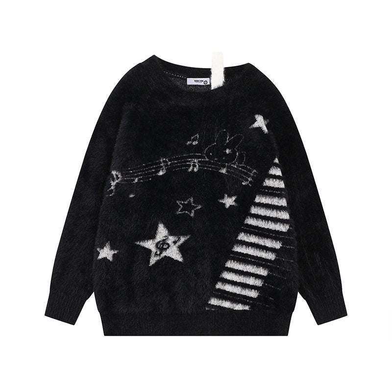 Damen Kuscheliger Strickpullover mit Cartoon-Noten- und Sternmotiv Nord Taschen