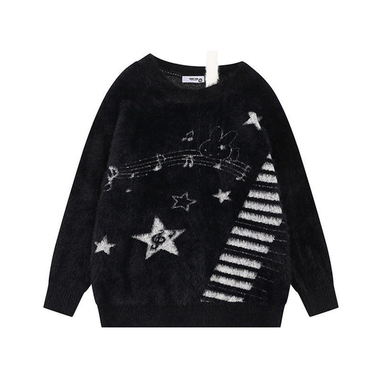 Damen Kuscheliger Strickpullover mit Cartoon-Noten- und Sternmotiv Nord Taschen