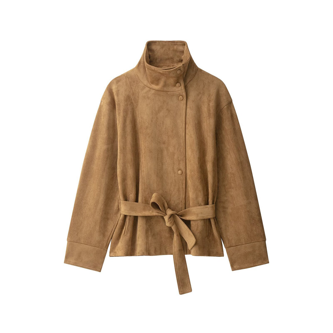 Damen Kurzjacke in Wildlederoptik mit hohem Funnelkragen und Bindegürtel Nord Taschen