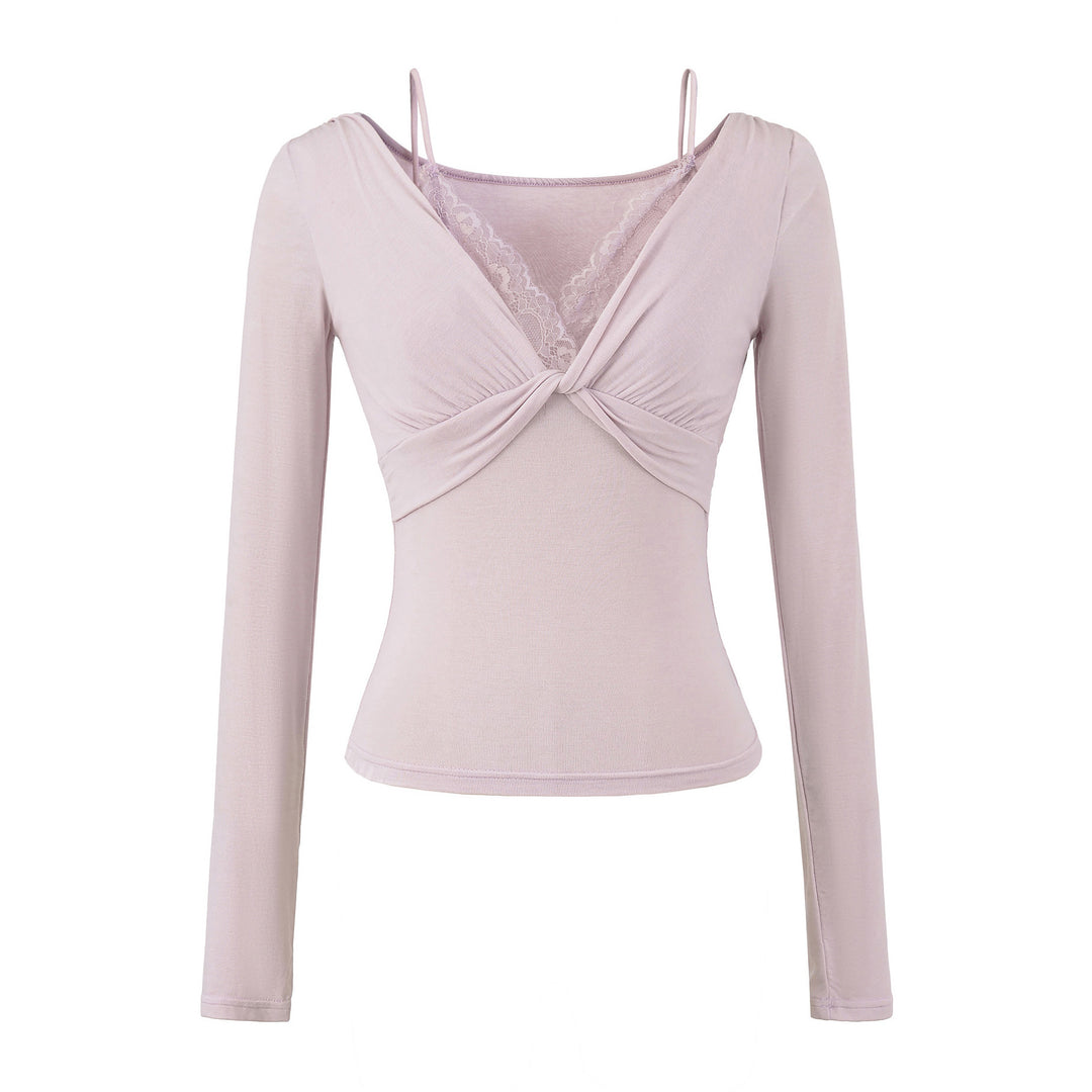 Damen Figurbetontes Langarm-Top mit Twist-Detail, Spitzeneinsatz und V-Ausschnitt Nord Taschen