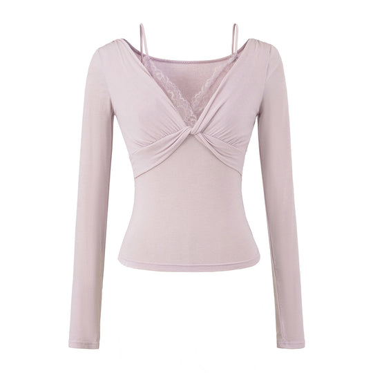 Damen Figurbetontes Langarm-Top mit Twist-Detail, Spitzeneinsatz und V-Ausschnitt Nord Taschen