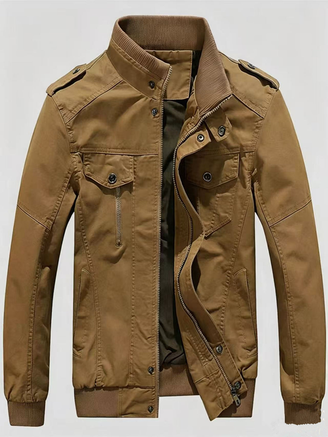Herren Militärisch inspirierte Canvas-Übergangsjacke mit Stehkragen und Epauletten Nord Taschen