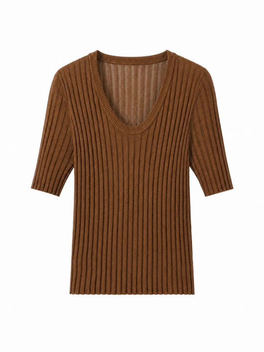 Damen Geripptes Feinstrickshirt mit tiefem U-Ausschnitt und halblangen Ärmeln Nord Taschen