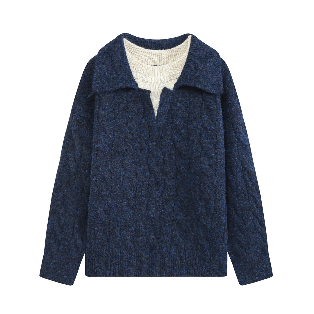 Damen Grobgestrickter Zopfmuster-Pullover mit offenem Polokragen und V‑Ausschnitt Nord Taschen