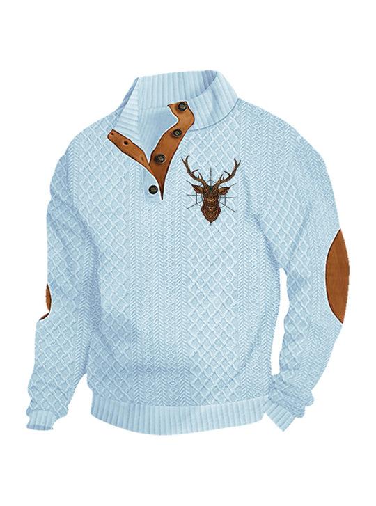 Herren nan Heritage-Strukturpullover mit Stehkragen Lederimitat-Besatz Ellenbogen-Patches und Halbknopfleiste