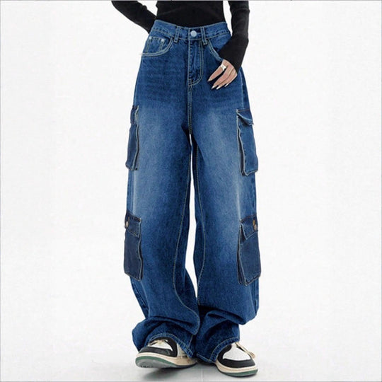 Damen Weite High-Waist Cargo-Jeans im Baggy-Schnitt mit Mehrfach-Taschen Nord Taschen