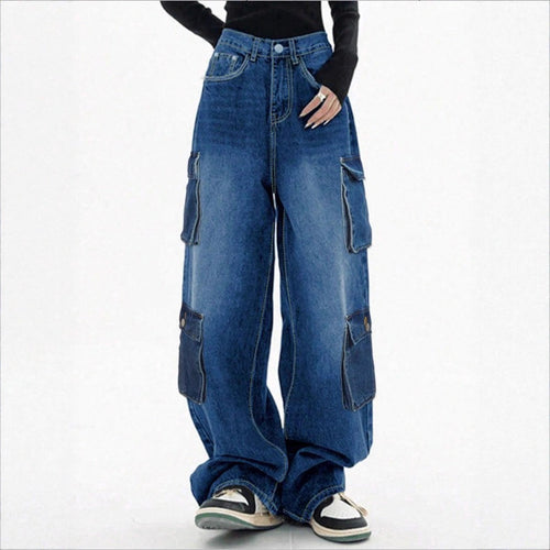 Damen Weite High-Waist Cargo-Jeans im Baggy-Schnitt mit Mehrfach-Taschen Nord Taschen