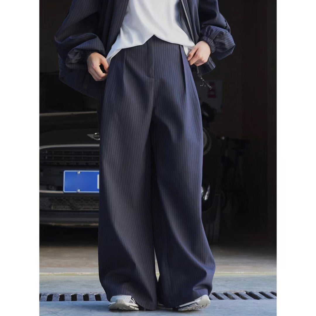 Damen weite Nadelstreifen-Hose mit hohem Bund und weitem Bein Nord Taschen