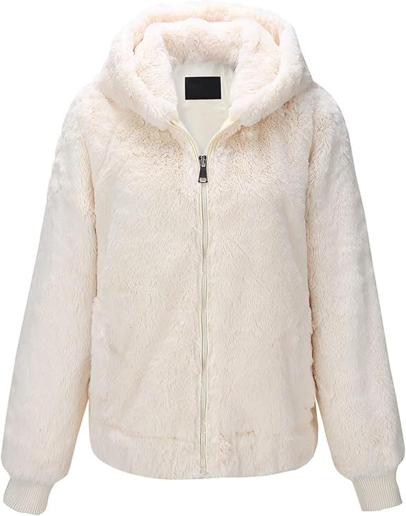 Damen Kapuzen‑Teddyjacke aus weichem Faux‑Fur mit Reißverschluss und Rippbündchen Nord Taschen