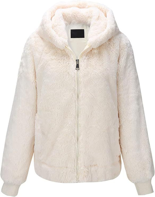 Damen Kapuzen‑Teddyjacke aus weichem Faux‑Fur mit Reißverschluss und Rippbündchen Nord Taschen