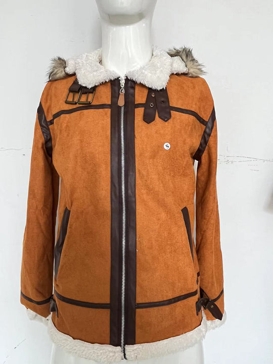 Damen Wildlederoptik Fliegerjacke mit Kunstfellkapuze und Schnallen Nord Taschen