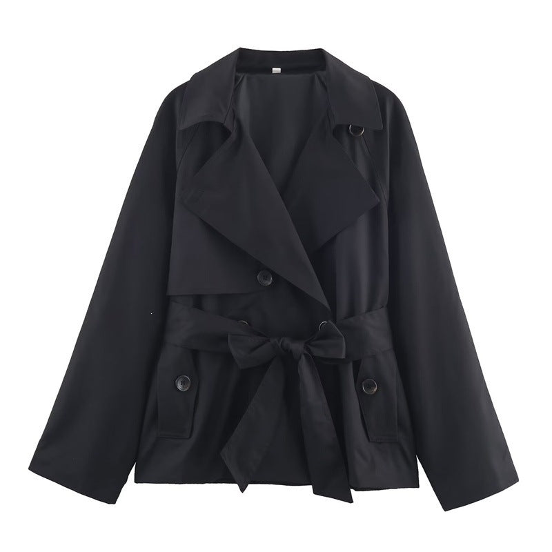 Damen Gekürzte Trenchjacke mit Schalkragen, Bindegürtel und Pattentaschen Nord Taschen