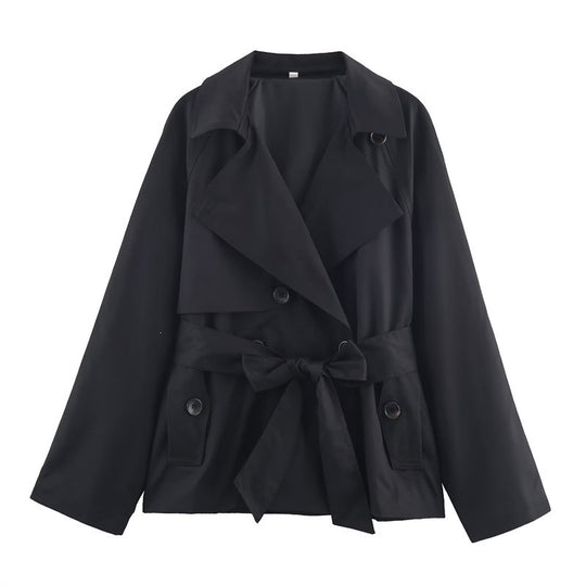 Damen Gekürzte Trenchjacke mit Schalkragen, Bindegürtel und Pattentaschen Nord Taschen