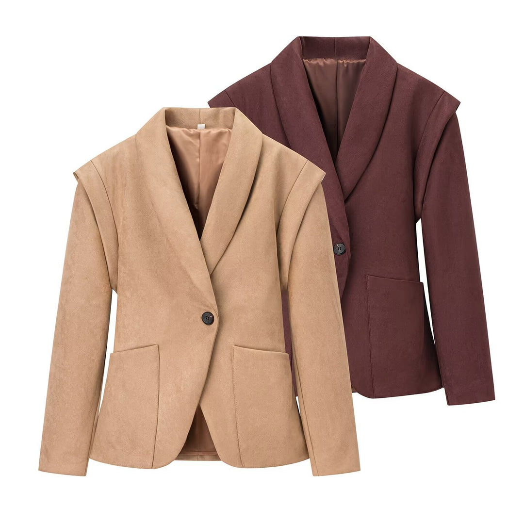 Damen Oversize-Veloursblazer mit Schalkragen, Ein-Knopf‑Verschluss und aufgesetzten Taschen Nord Taschen